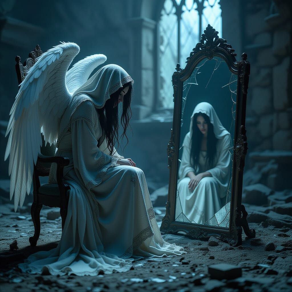 Sorrowful Angel on Crumbling Throne in War-Torn Kingdom
