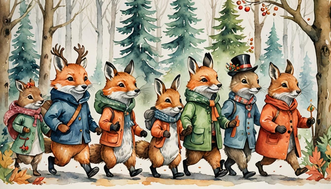 Whimsical Forest Animal Parade in Watercolor Pencil