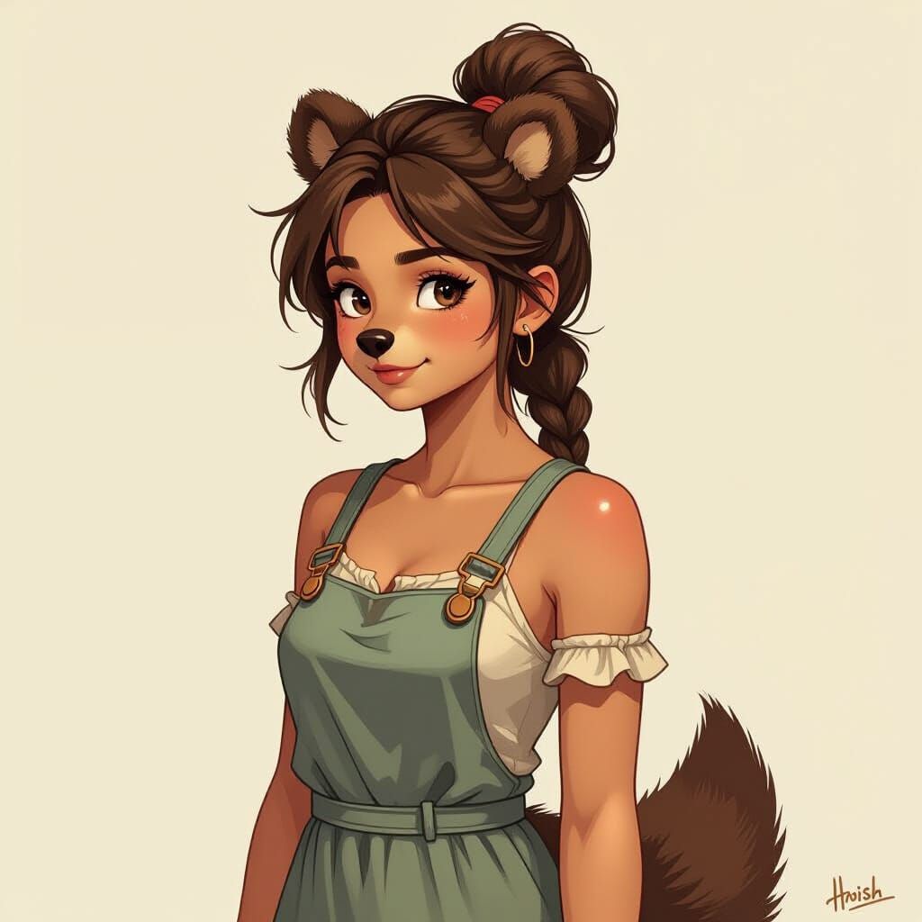Realistic Girl-Bear Hybrid with Brown Hair and Casual Dress
