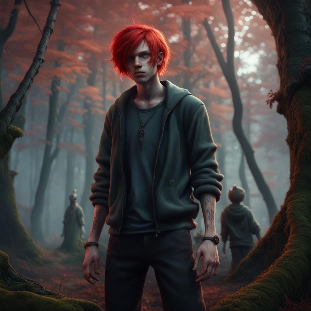 Red-Haired Demon Boy with Ghosts in Forest