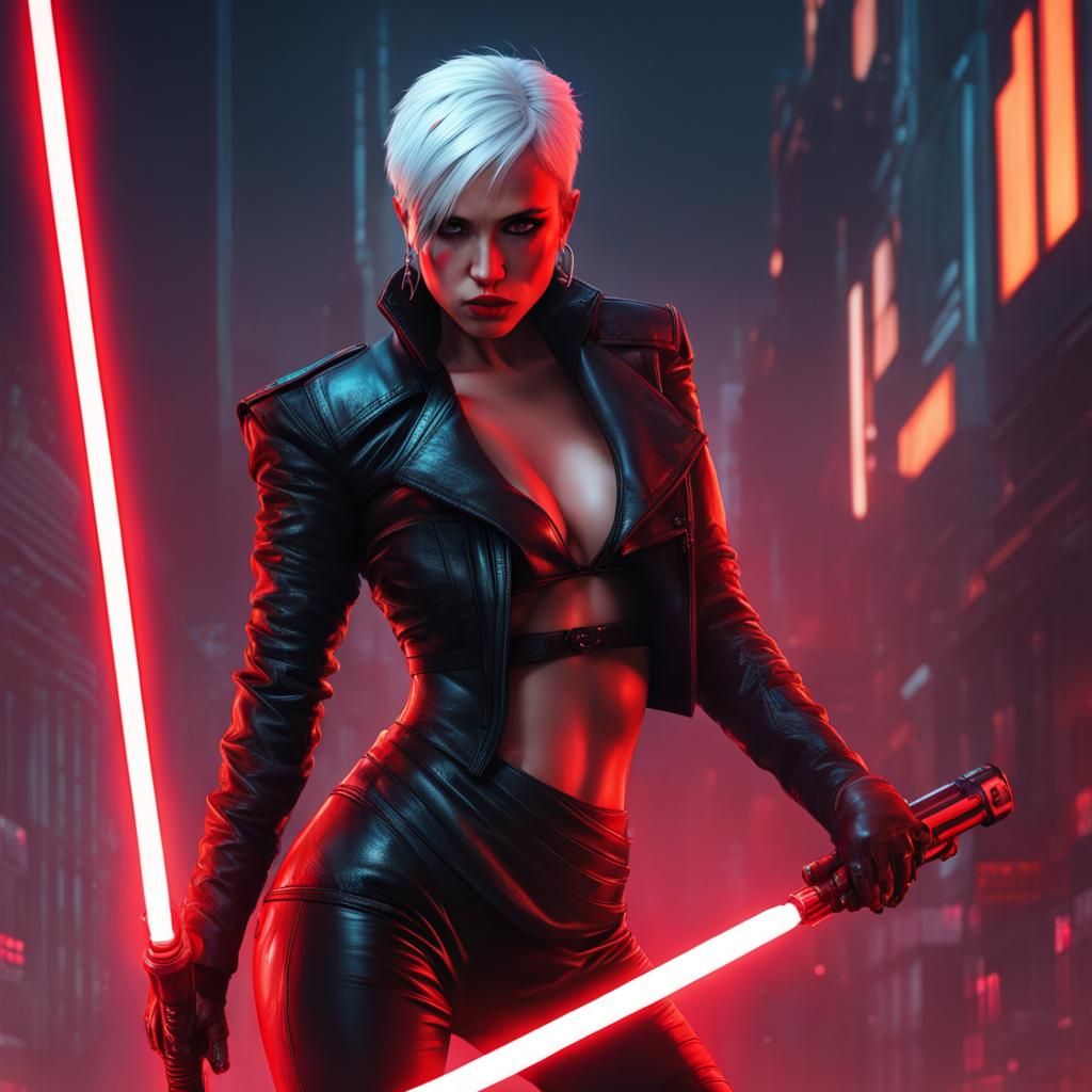 Cyberpunk Warrior with Lightsaber in Neon City