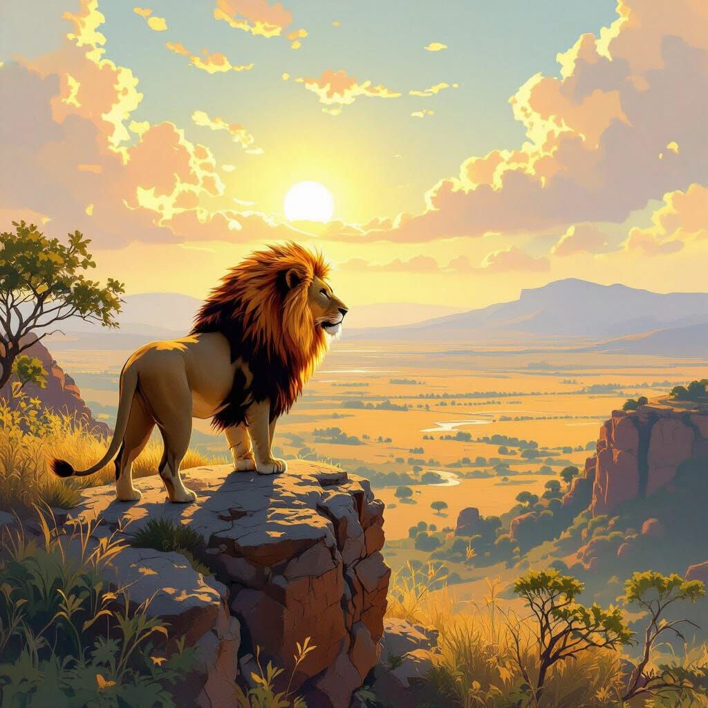 Lion with Fiery Mane in Art Nouveau Style