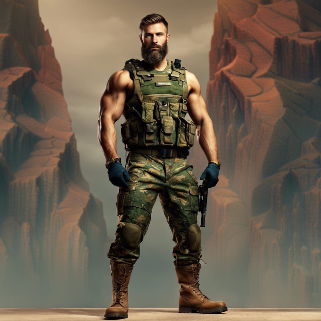 Muscular Soldier in Camouflage, Fantasy Concept Art