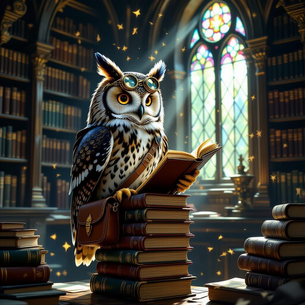 Steampunk Owl in Enchanted Library Illustration