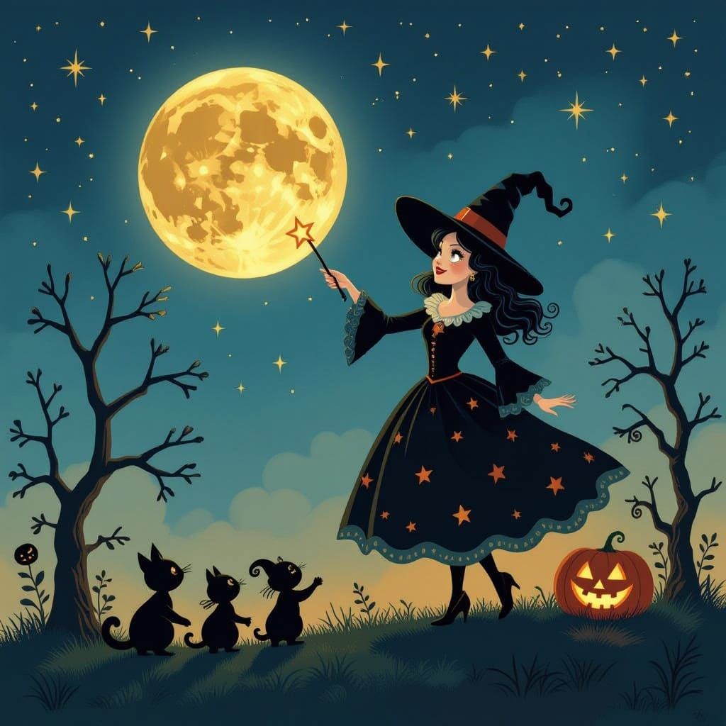 Joyful Halloween Scene with Witch, Children, and Bats