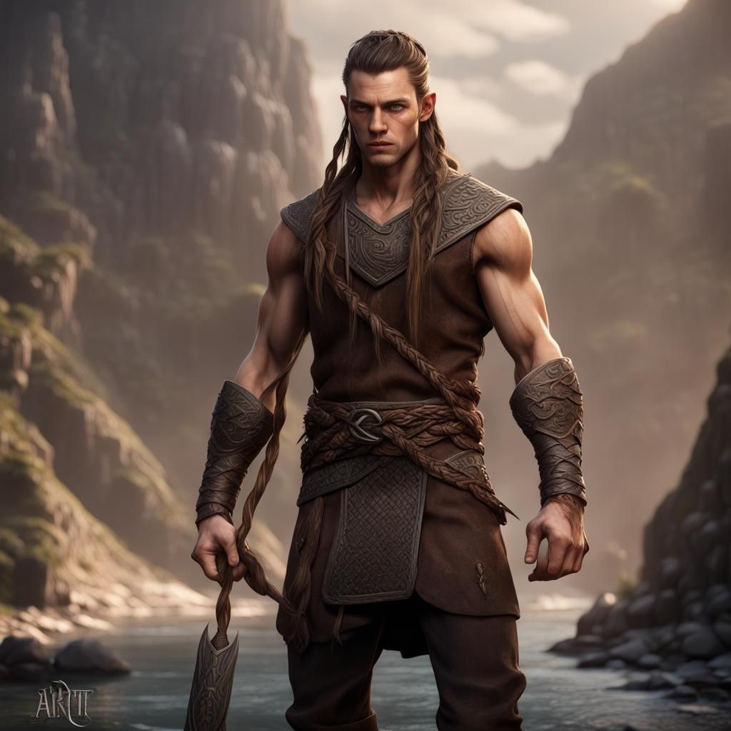 Fantasy Young Man with Viking Braids, Detailed Matte Paintin...