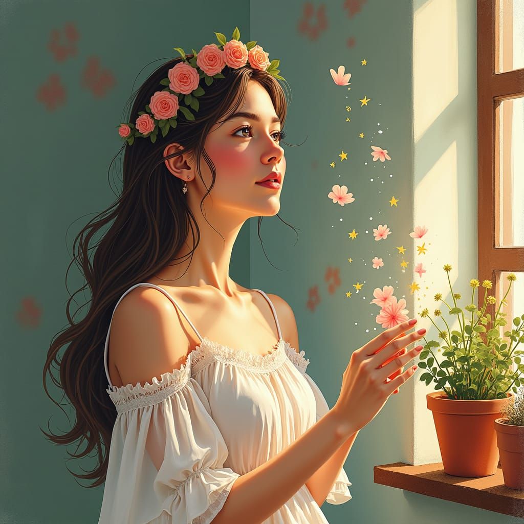 Ethereal Woman Gazing Home in Dreamy Pastel Colors