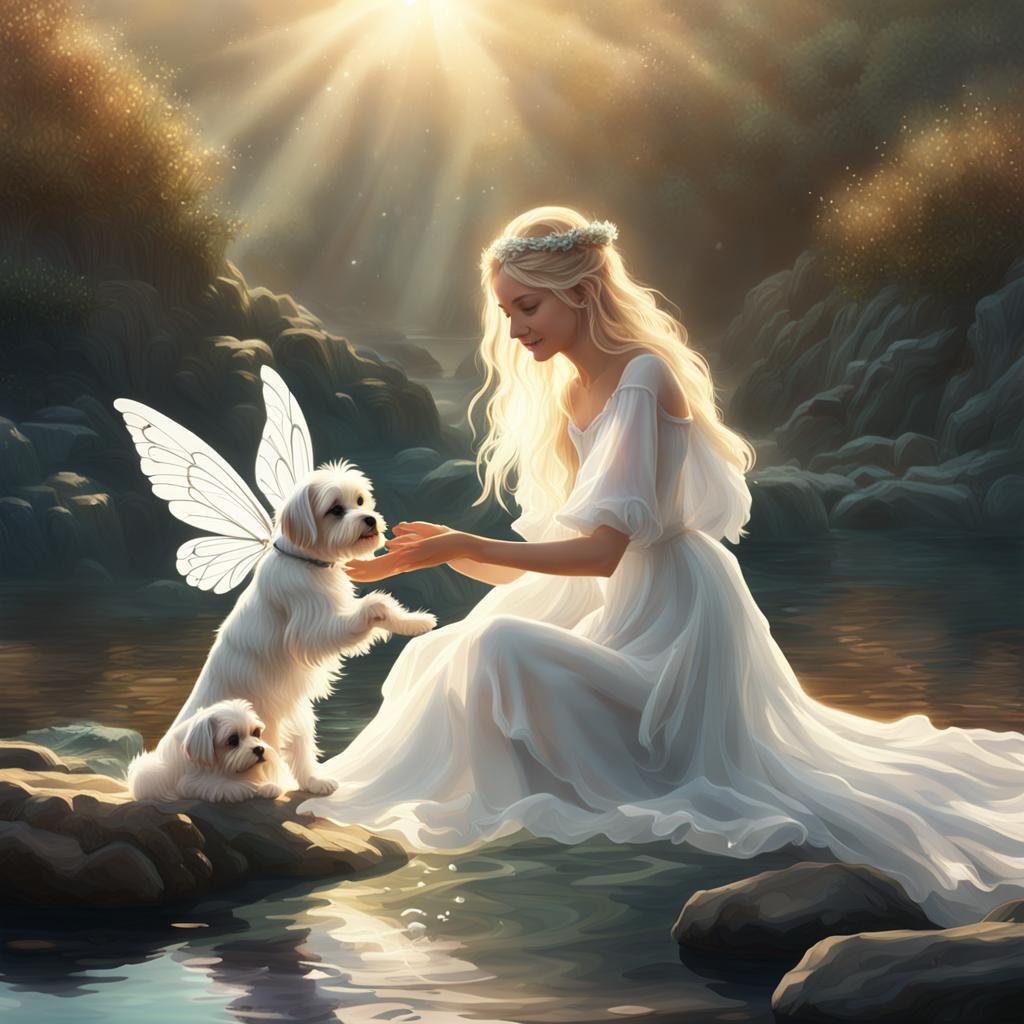 Fairy and Puppy Lakeside, Hyperrealistic Digital Art