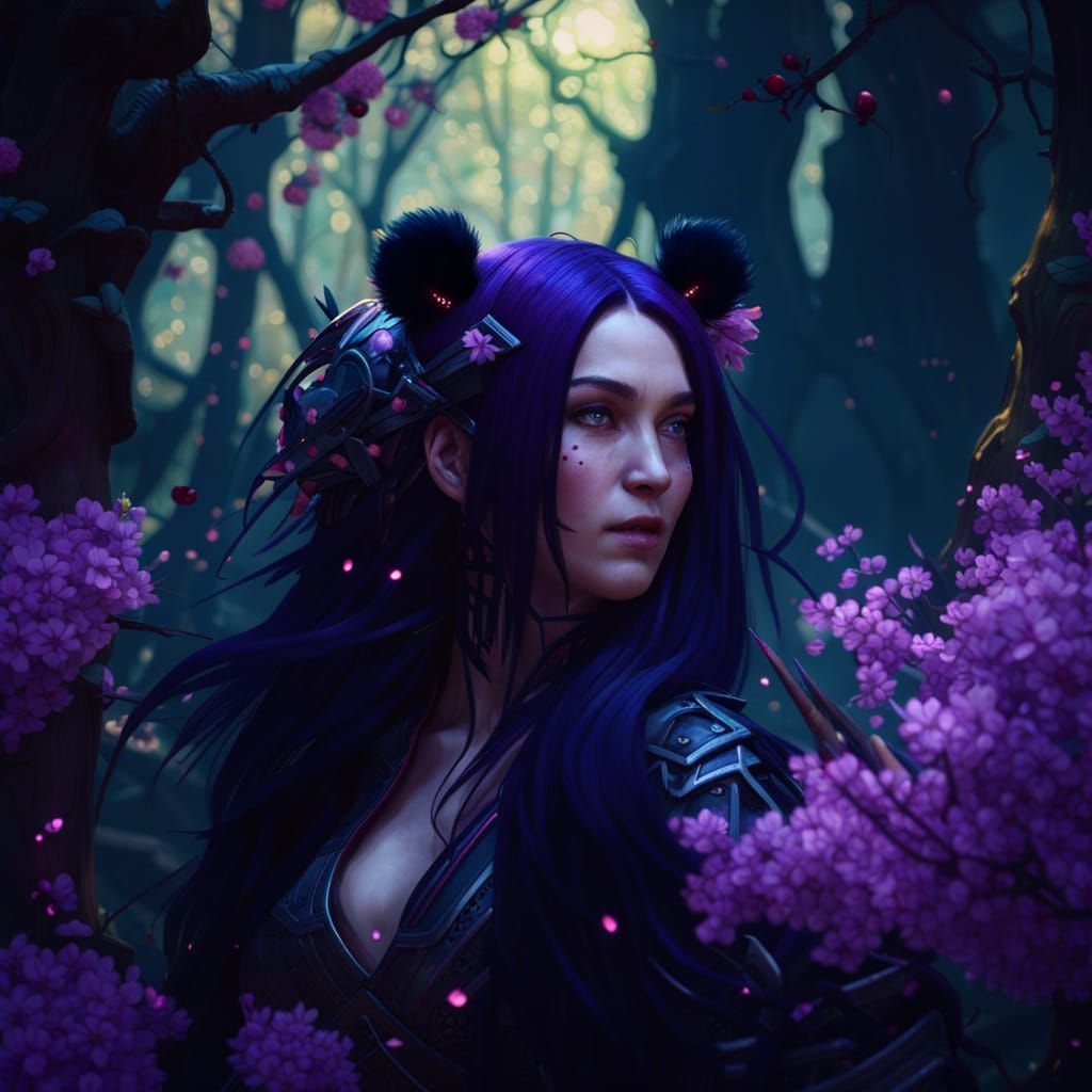 Panda-Eared Woman in Magical Cherry Blossom Forest