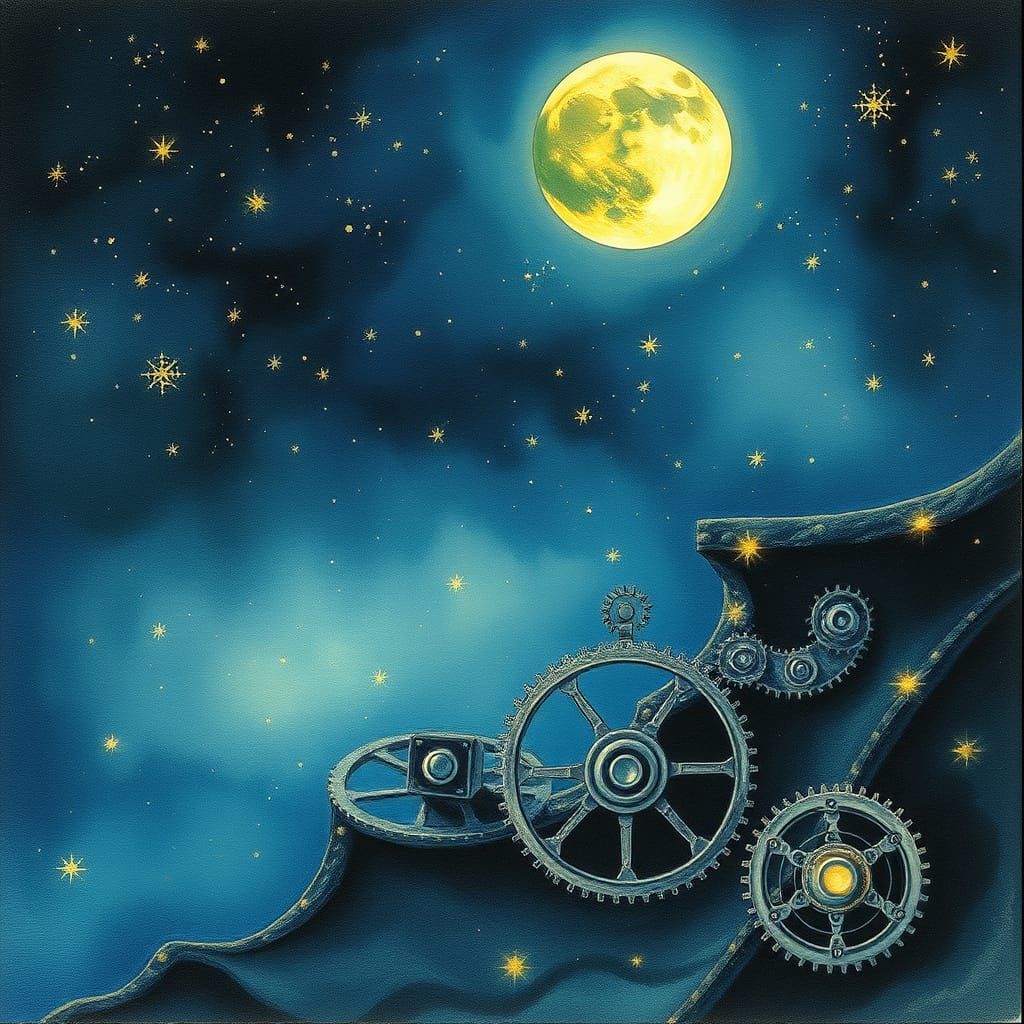 Dreamy Watercolor Night Sky with Mechanical Gears and Moon