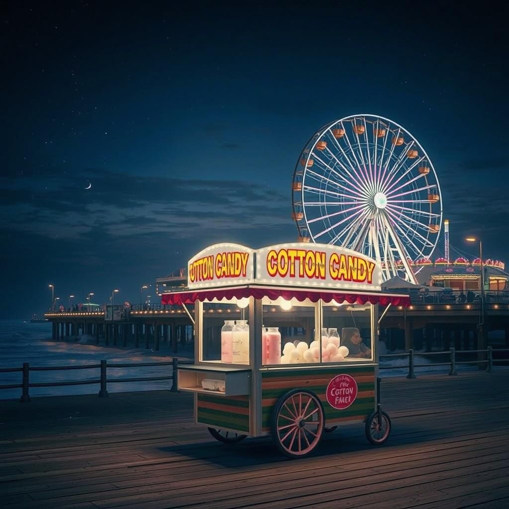 Cotton Candy Cart at a Pier Carnival Under Moonlight