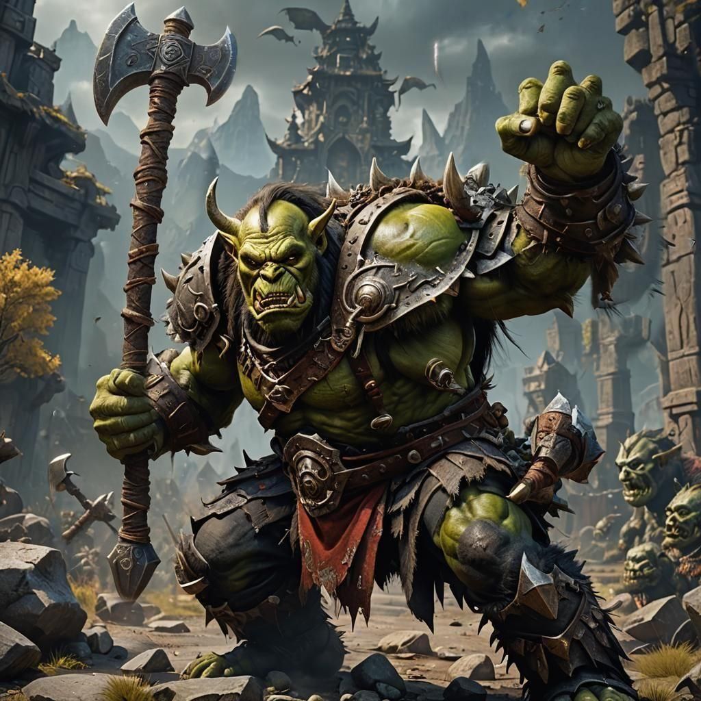 Epic Orc Warrior with Double Axe in Detailed Matte Painting