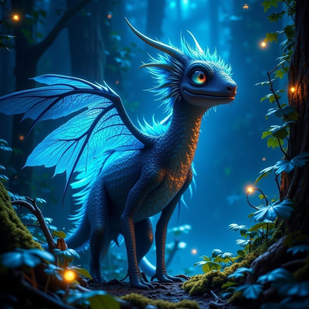 Fantastical Creature in Bioluminescent Forest