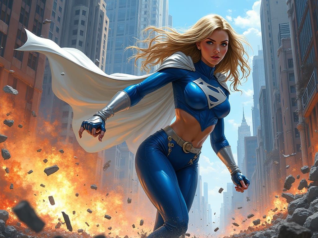 Sleek Blue Superheroine Battles Powerful Villain in Cityscap...
