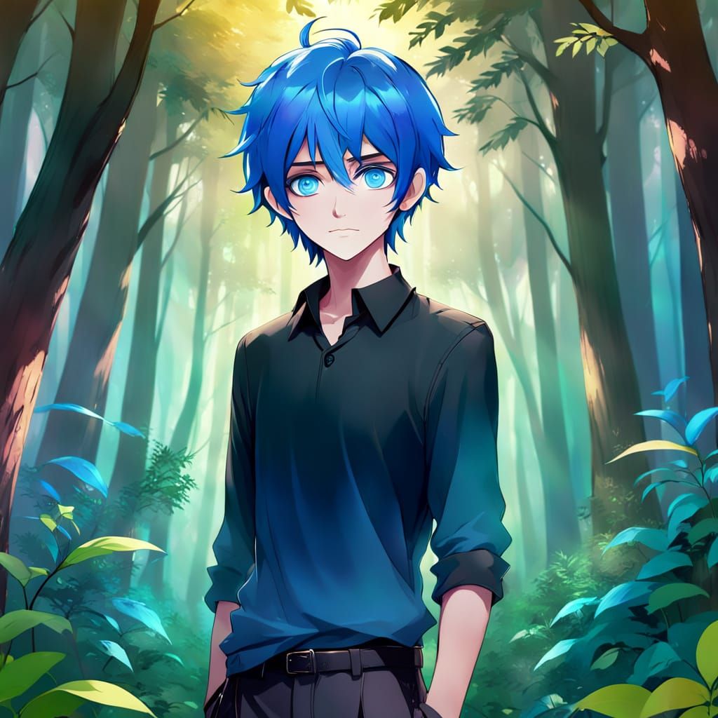 Anime Boy in Gentle Forest Landscape