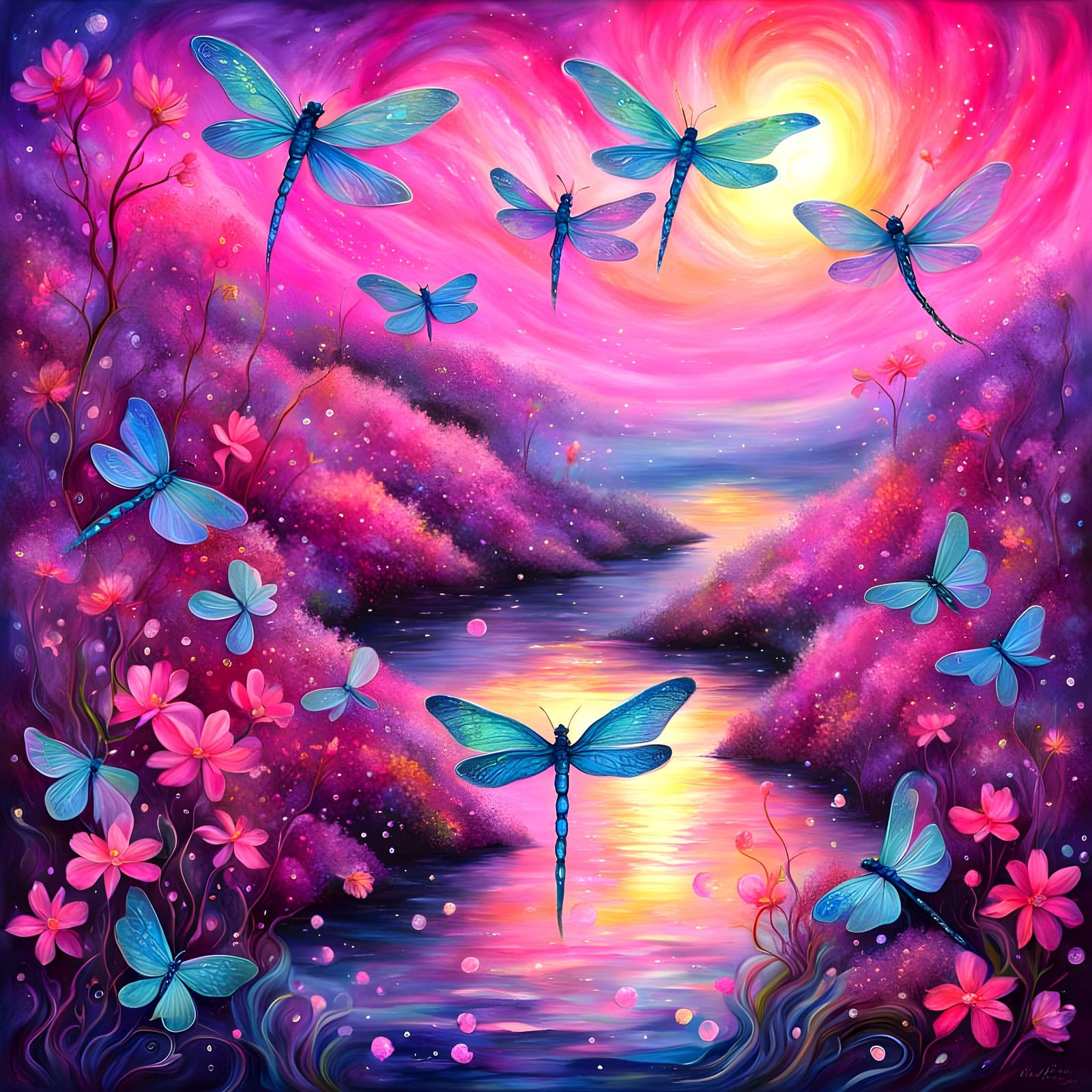 Ethereal Magenta Dragonflies Dance Amidst Aurora Borealis