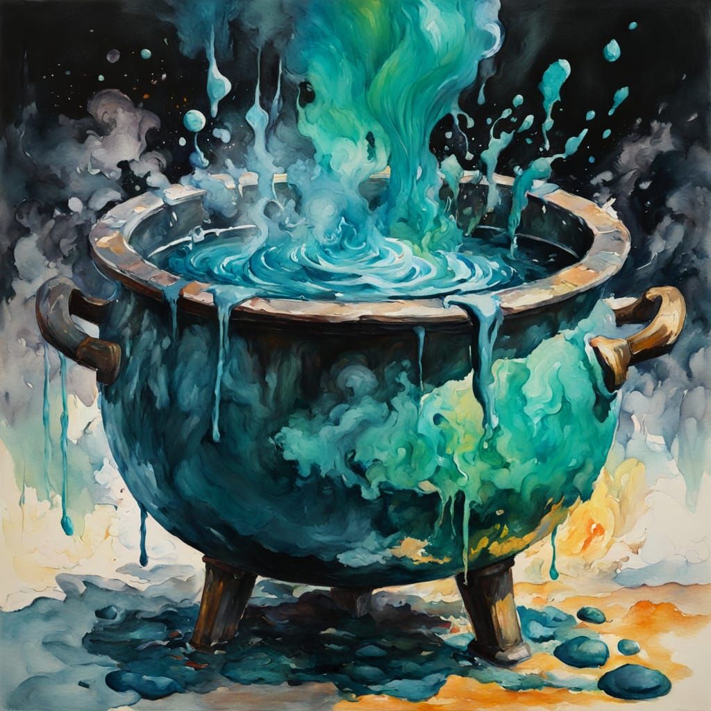 Cauldron filled with a boiling teal liquid 118