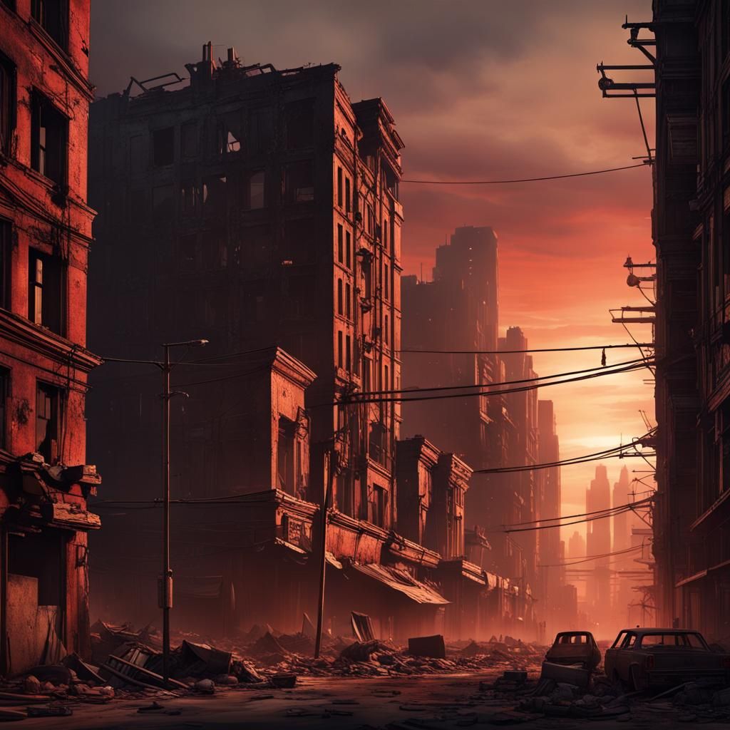Post-Apocalyptic Cityscape at Dusk: Cinematic View