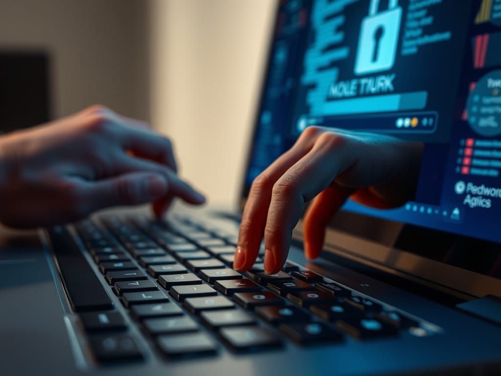 Realistic Hand Hovers Over Password Keyboard in Photorealist...