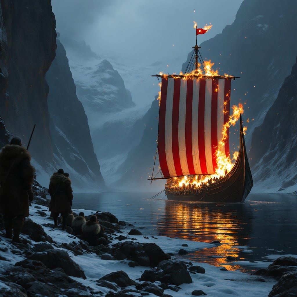 Majestic Viking Longship Ablaze on Frosty Fjord