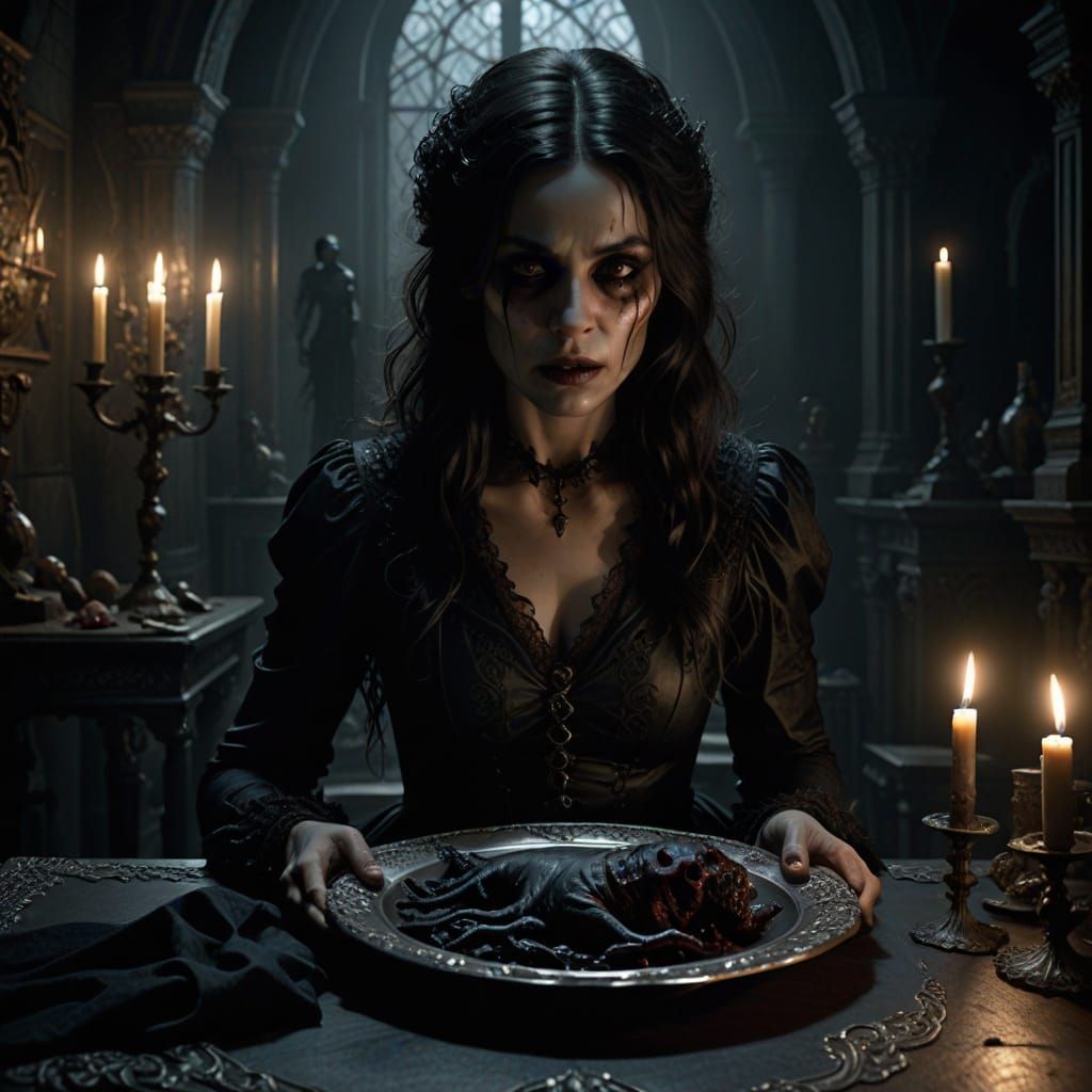 Gothic Woman Anticipates Meal in Sinister Setting