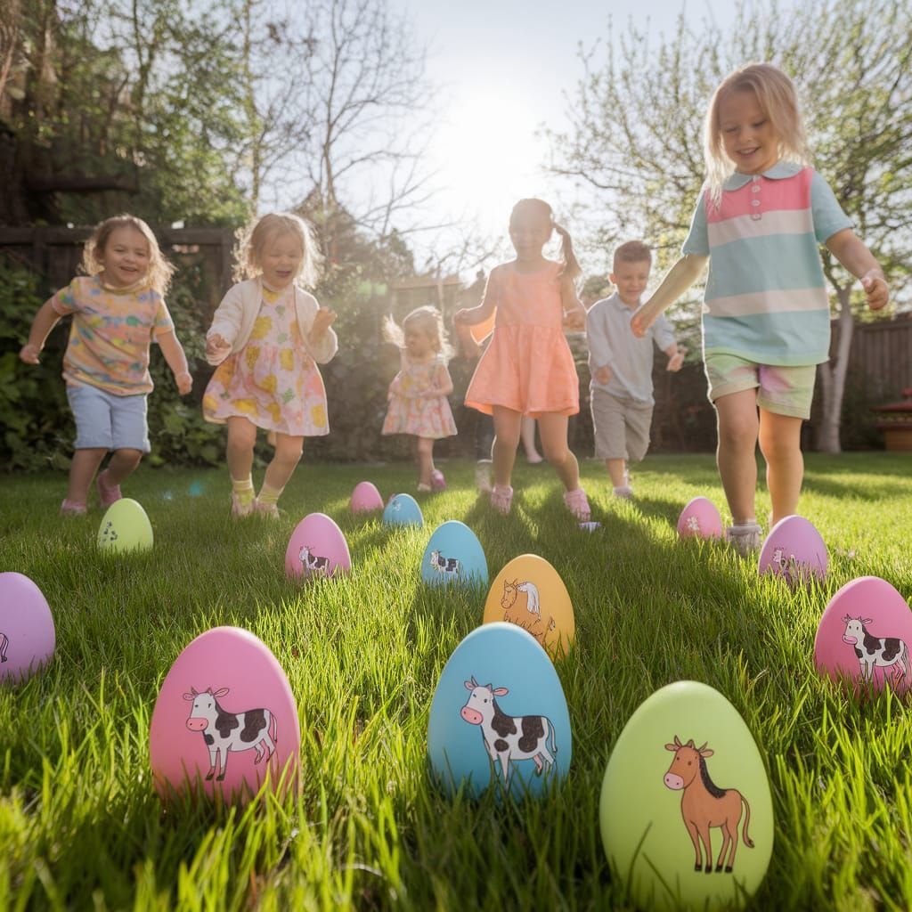 Vibrant Easter Egg Hunt in a Lush Backyard Scene