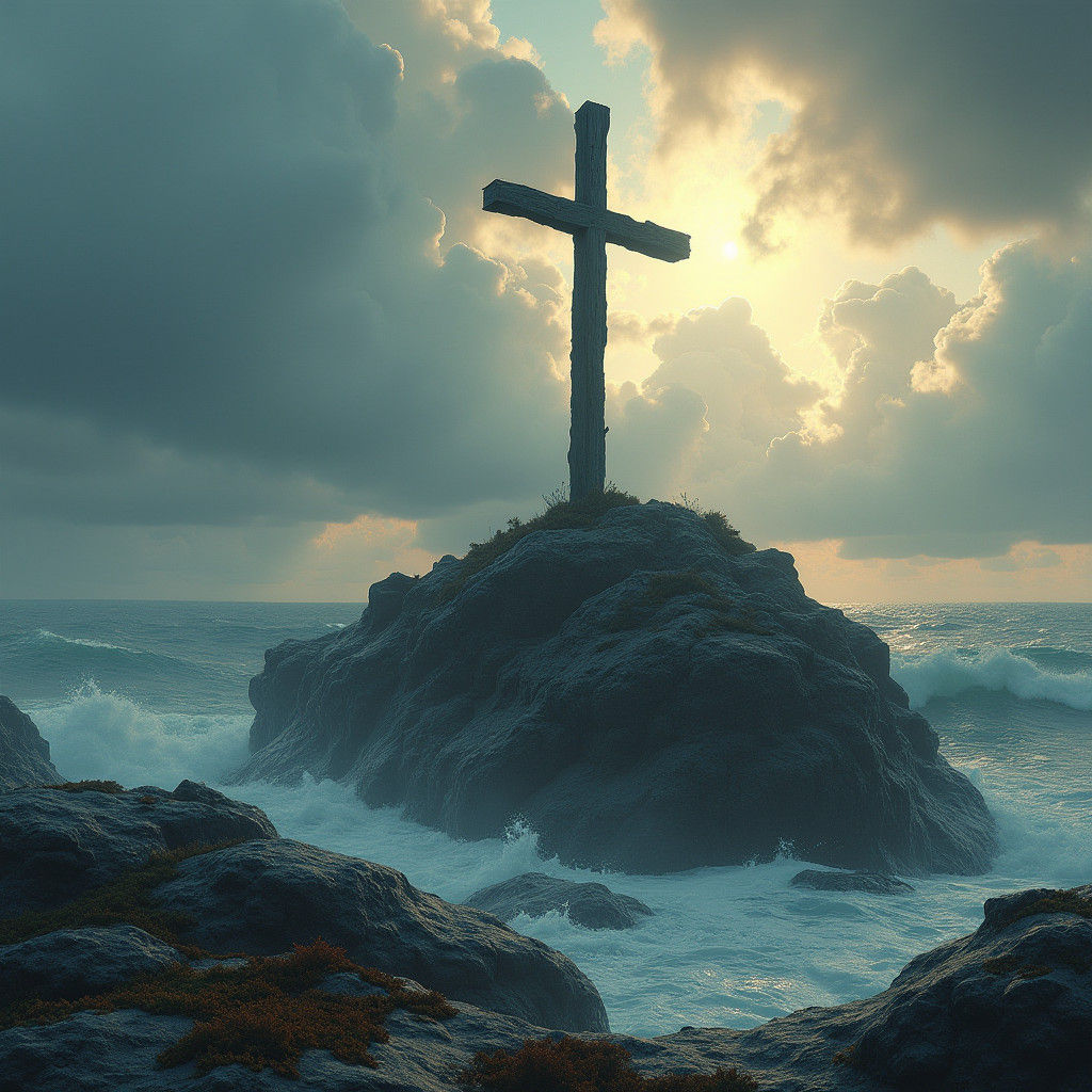 Melancholic Ocean Cross in Matte Painting Style