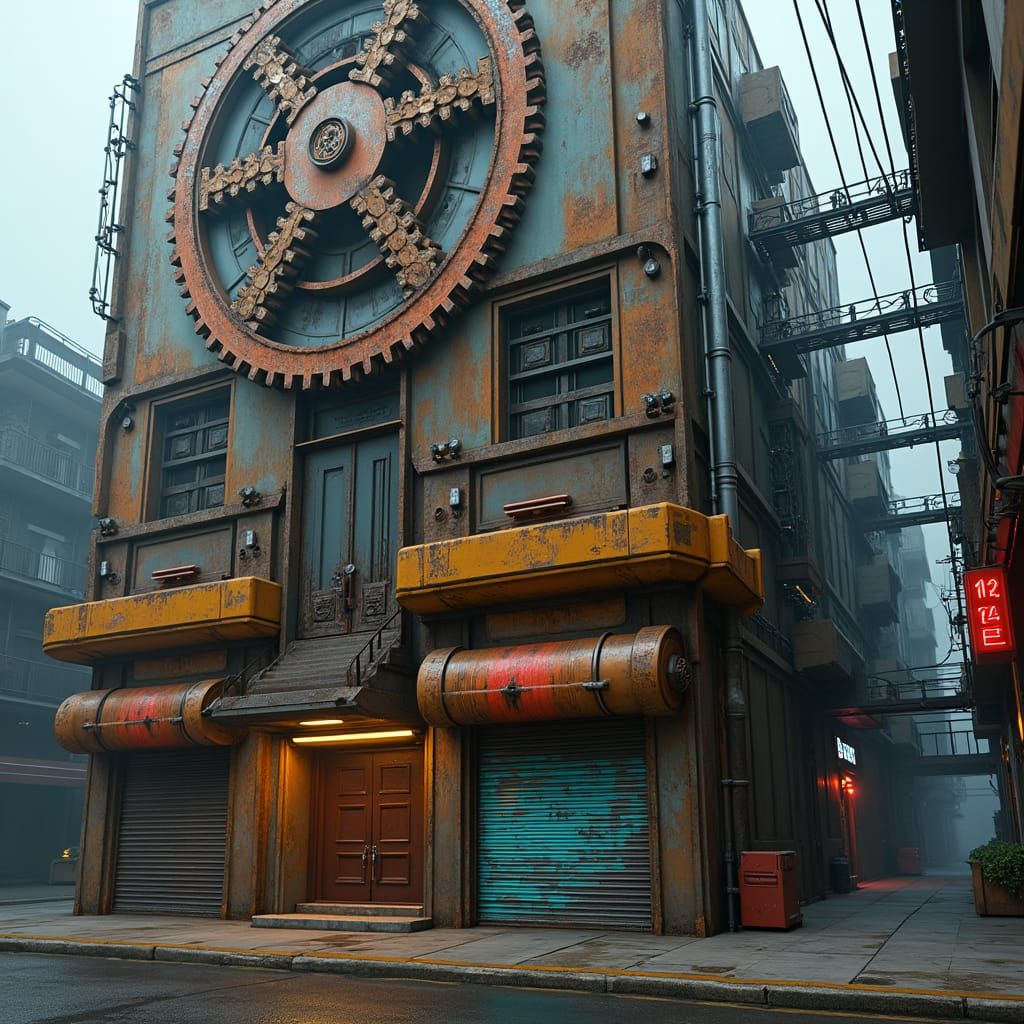 Cyberpunk Industrial Facade with Exposed Mechanics