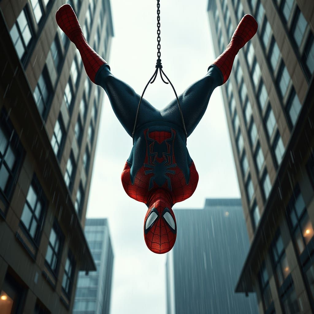 Spider-Man Hangs from Webbing in Realistic Rainy Cityscape