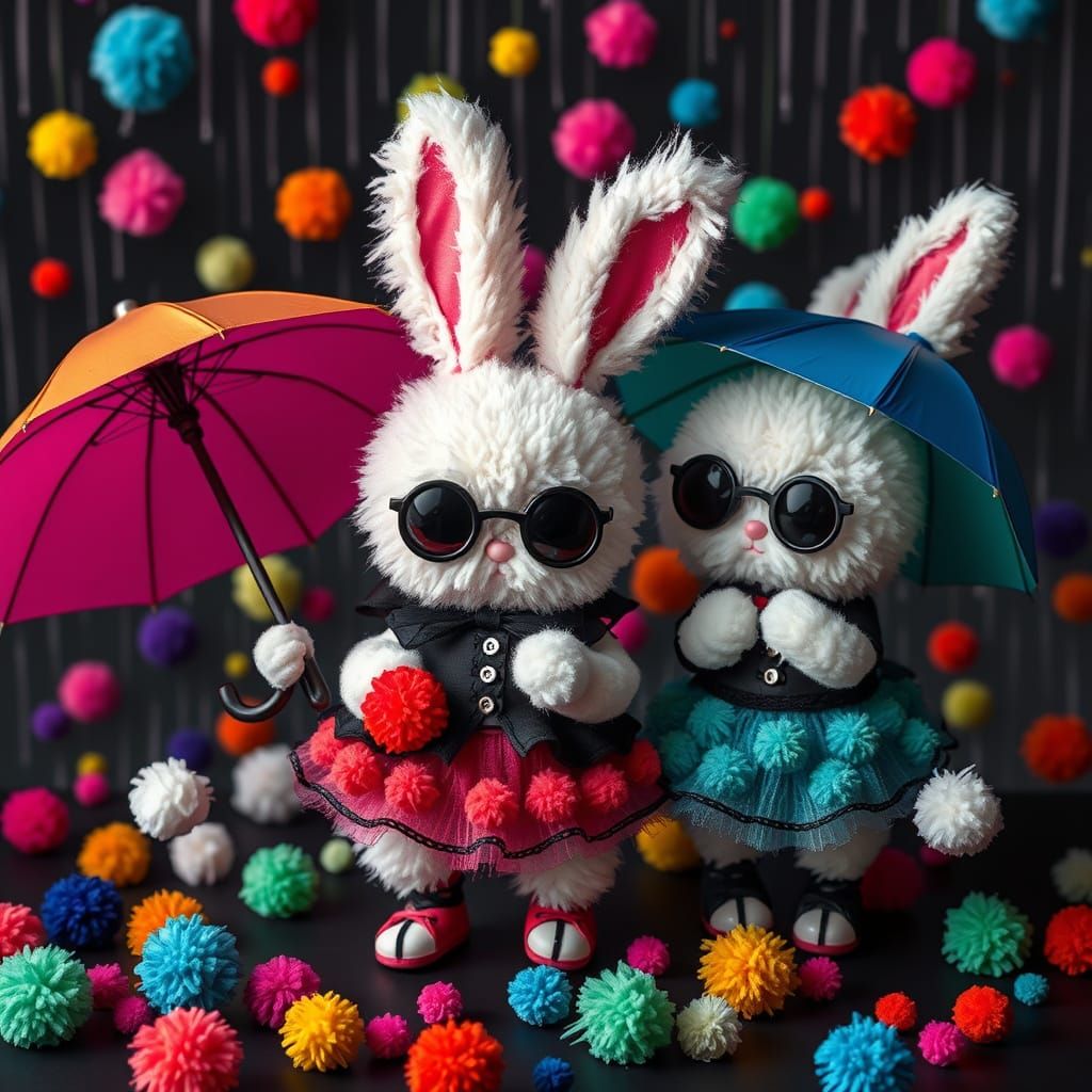 Goth Pompom Bunnies in a Whimsical Pom Pom Storm