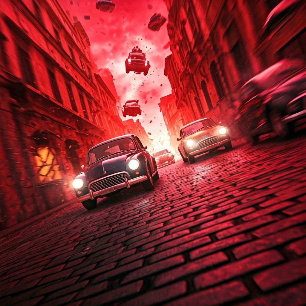 Chaotic Street Chase in Crimson Light
