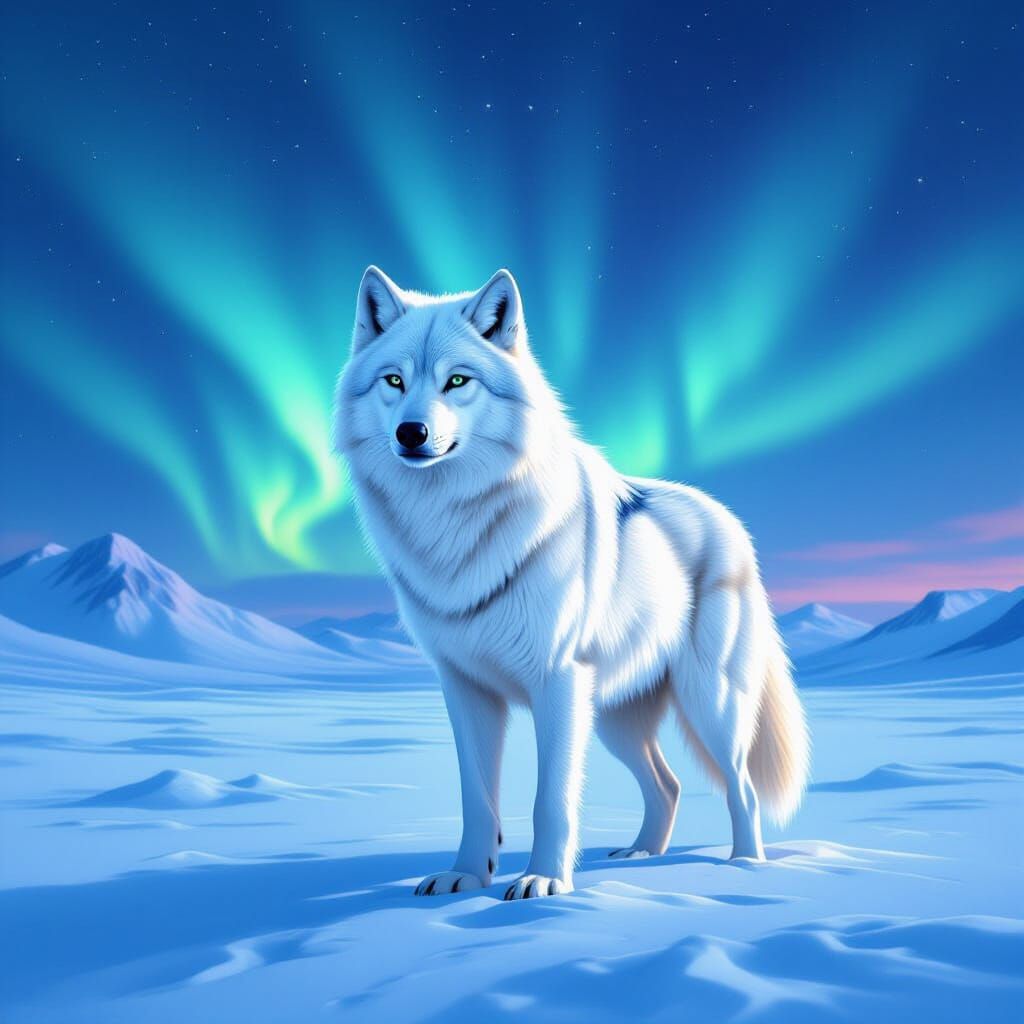 Majestic White Wolf on Alaskan Tundra Under Aurora Borealis