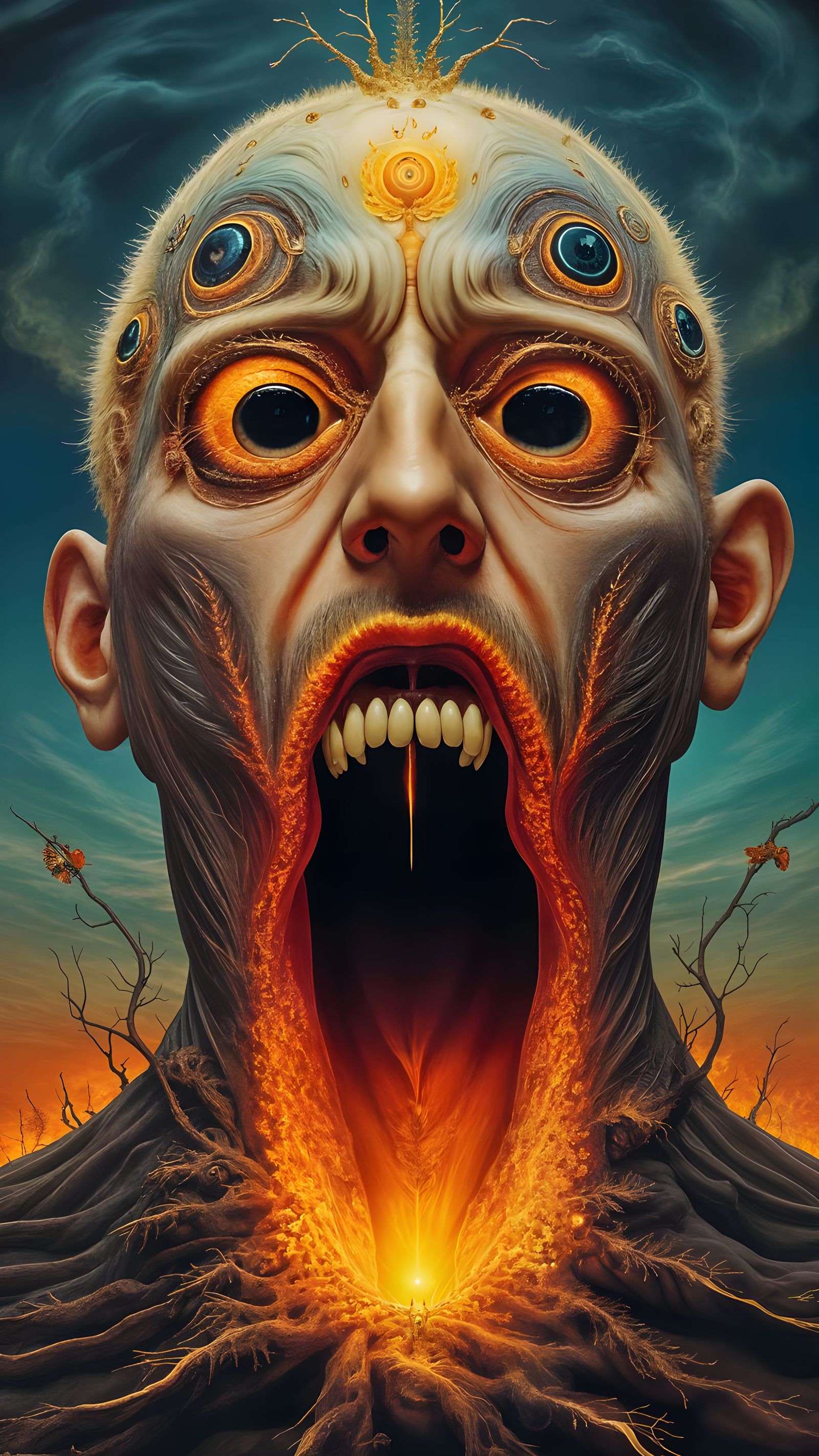 Man Mutation with Hyperrealistic Eyes in Cosmic Dreamscape