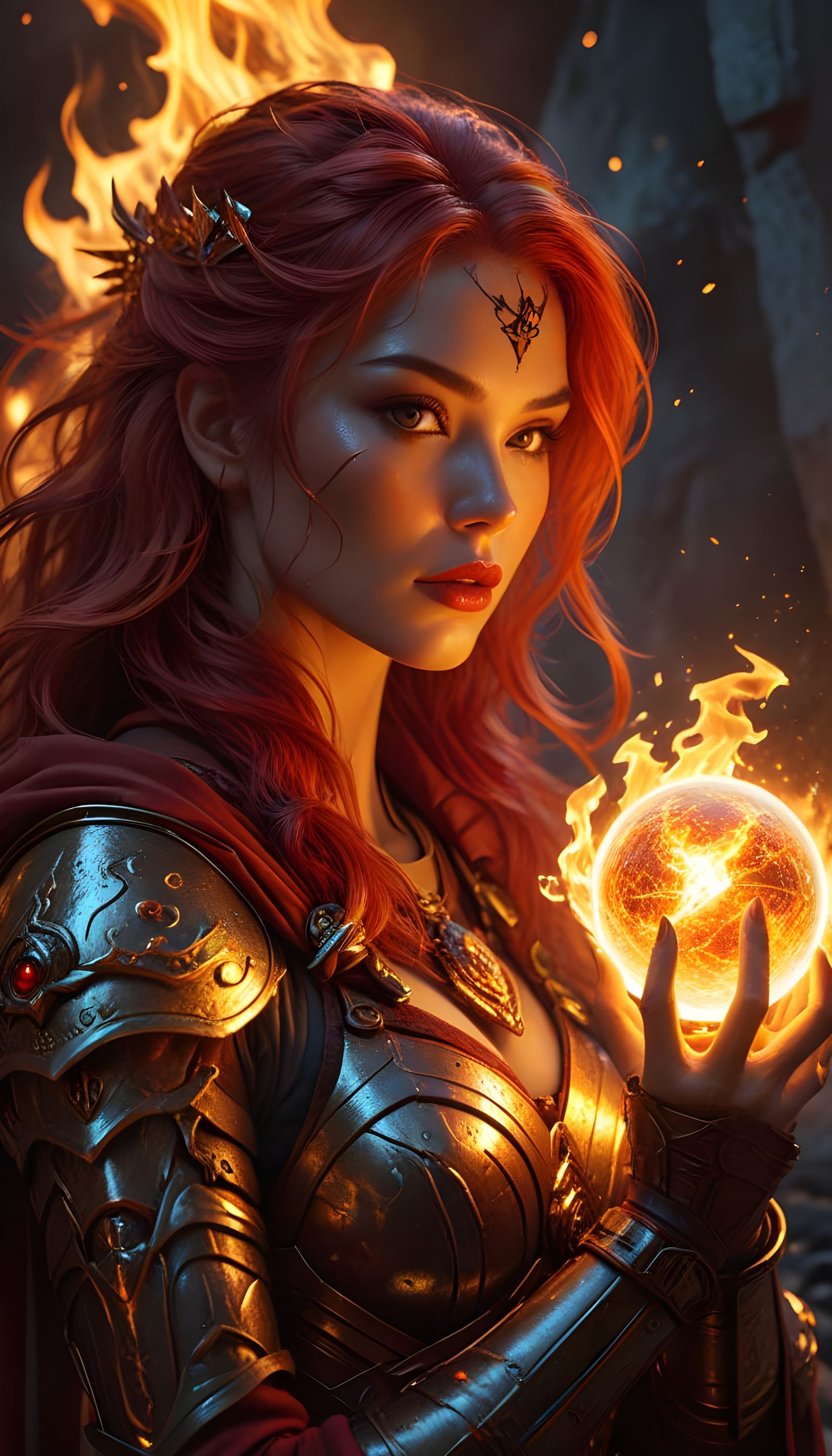 Fire Warrior with Orb in High Fantasy Comic Style