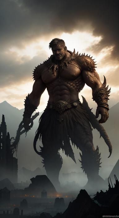 Giants Clash in Ruined City: Epic Fantasy Art