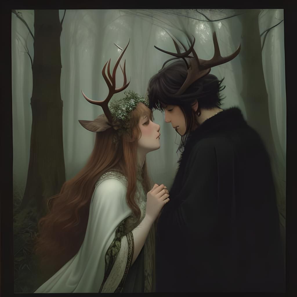 Two Girls Kissing in Forest Glade, Hyperrealistic Style