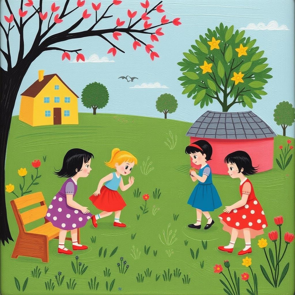 Children Playing: Retro Naive Art in Pastel Colors