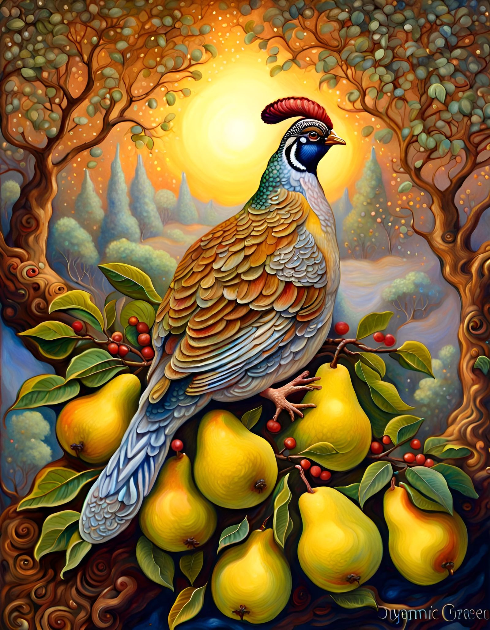 Partridge in Pear Tree, Folk Art Gouache