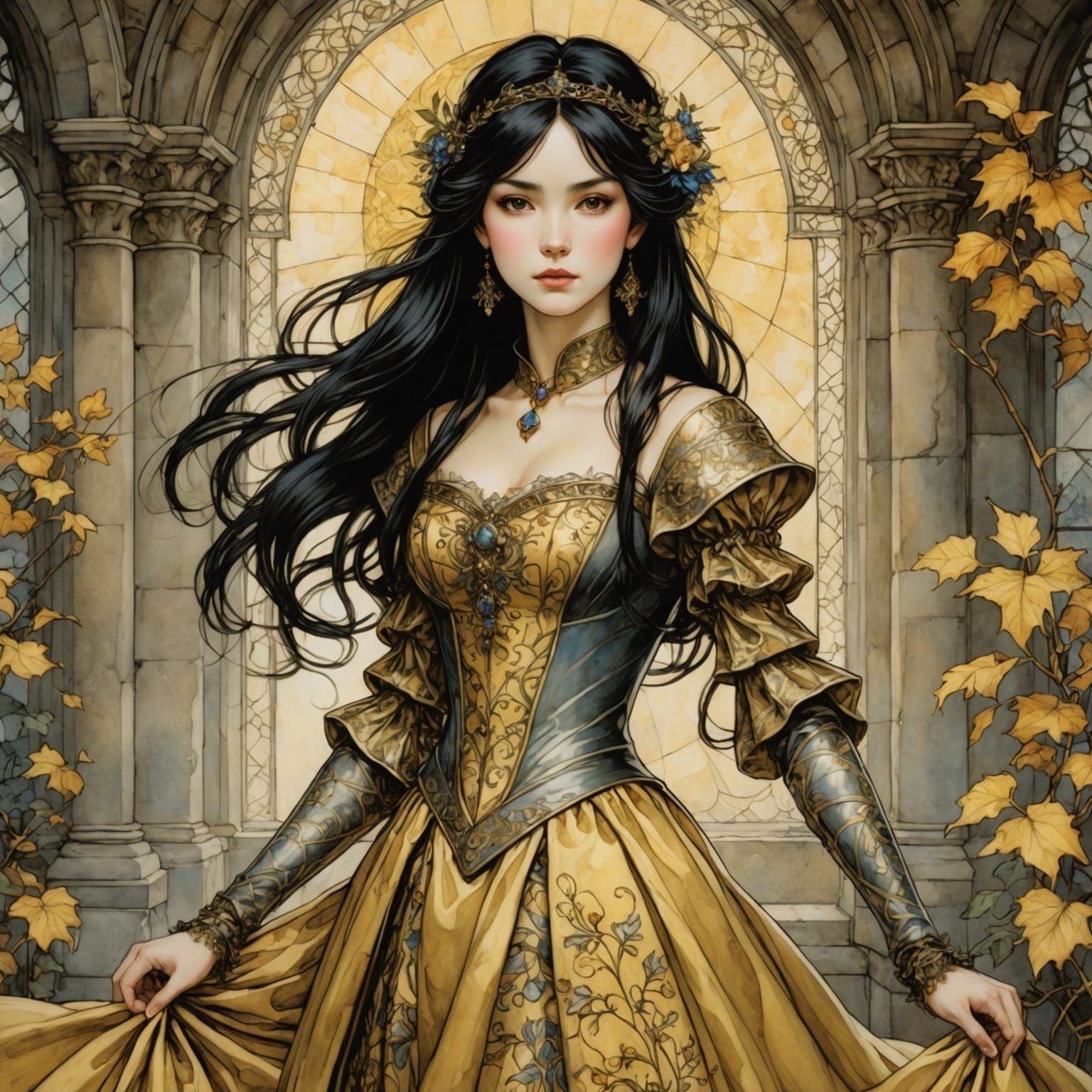 Medieval Maiden in Golden Gown, Anime Style