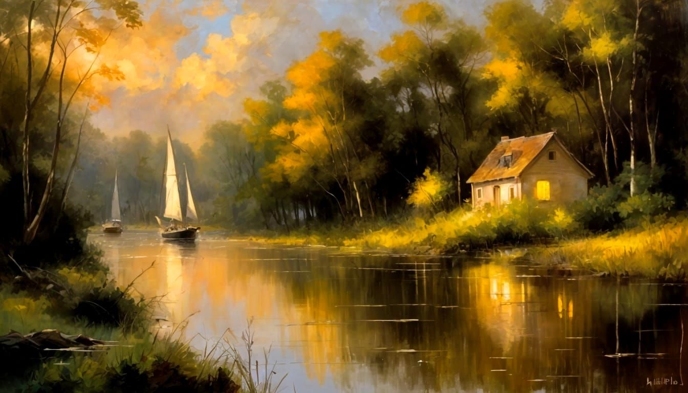 Golden Moonlit River Scene with Lush Forest and Abandoned Sa...