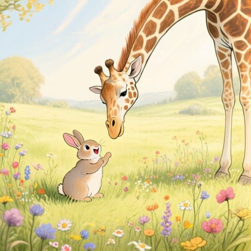 Tiny Rabbit & Giant Giraffe in Meadow, Whimsical Illustratio...