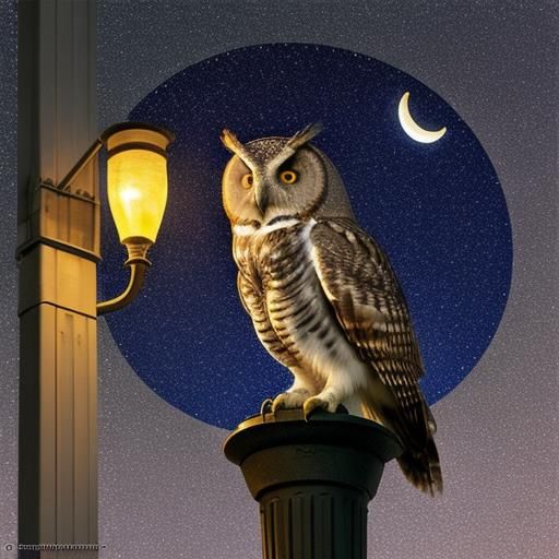 Owl on Streetlamp in Pointillist Futurism Style