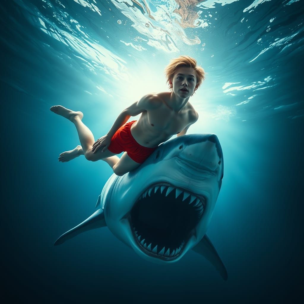 Sleek Young Swimmer Confronts Great White Shark in Futuristi...