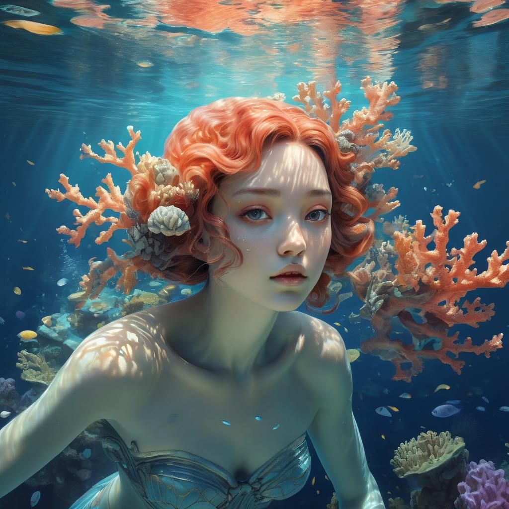 Surreal Underwater Girl with Coral Reefs: Digital Art