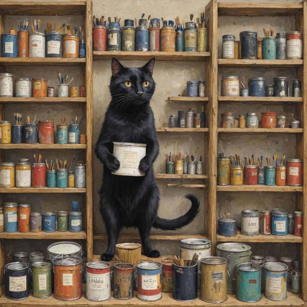Black Cat Hiding in Museum, Children's Storybook Art