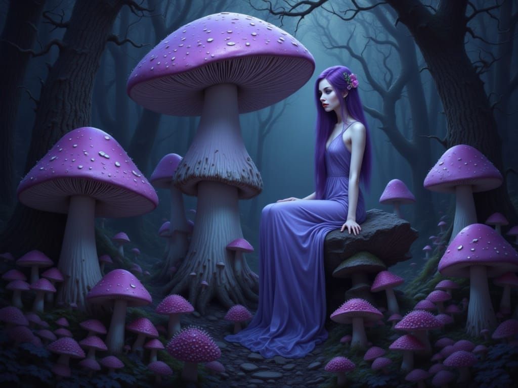 Drow Sorceress on Mushroom in Enchanted Forest