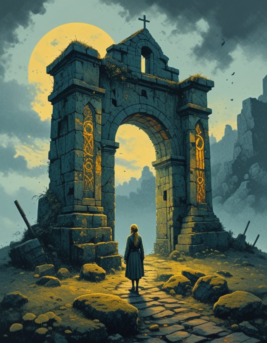 Woman Before Archway in Impasto Oil Painting