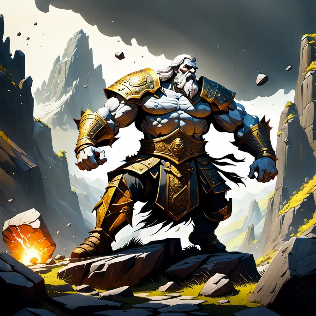 Medieval Giant Warrior Throwing Boulder: Dark Fantasy Art