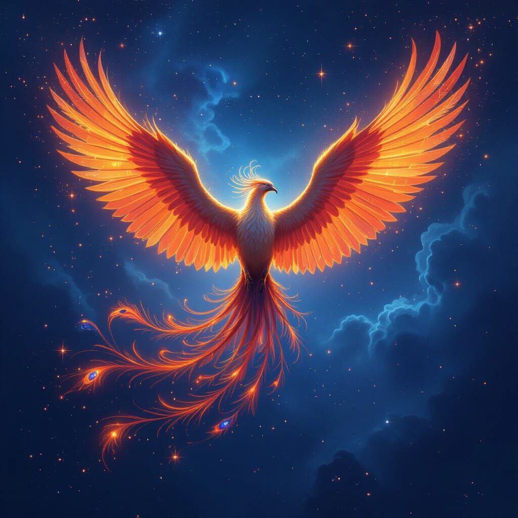 Simurgh Bird Spreading Fiery Cosmic Wings in Celestial Expan...