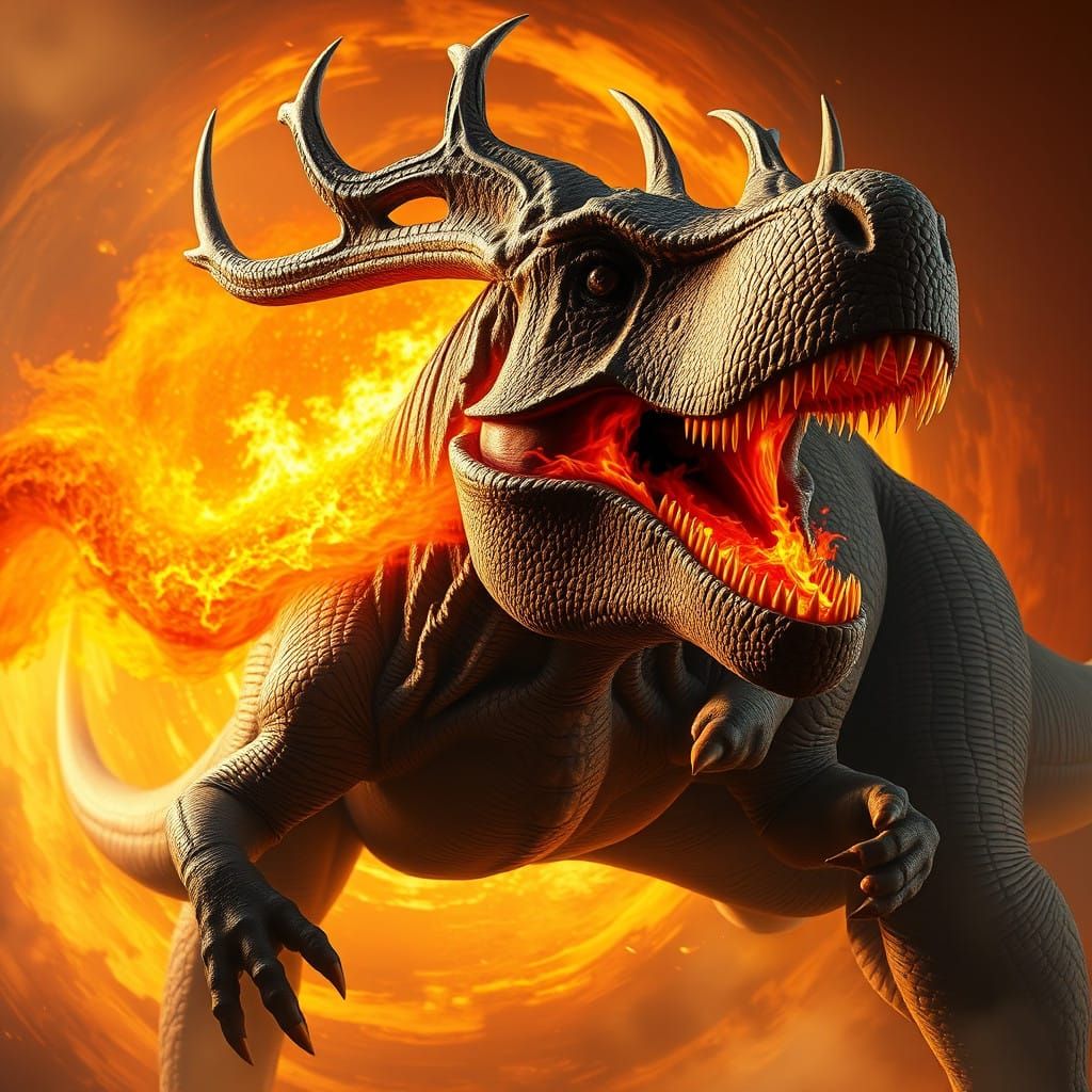 A tyrannosaurus with massive anleter's and breathing fire with proportional arms